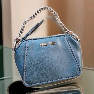 Nine West Leather Mini Cosmetic Handbag Teal Blue Chain Handle Zippered Bag Logo